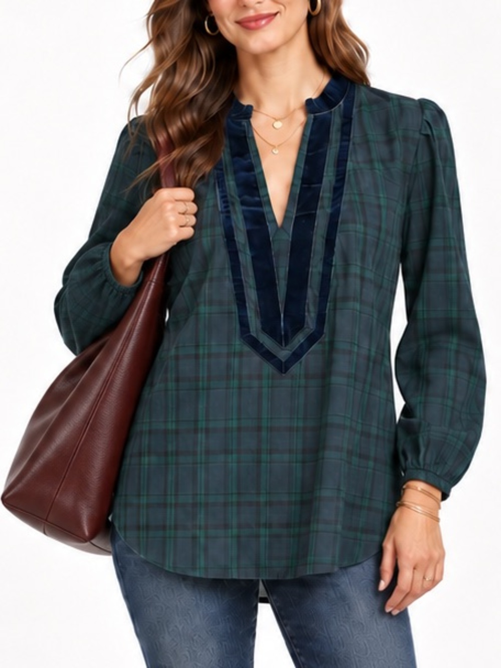 J.Crew Tartan Plaid Cotton Tunic Blouse Green Navy Velvet Trim Preppy Top Small